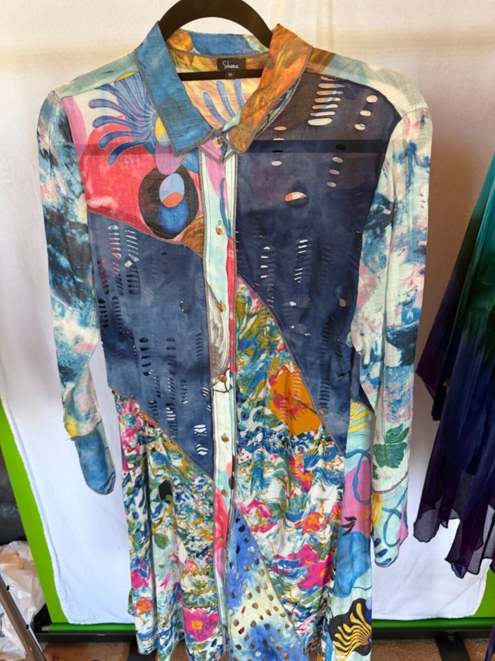 Shana Colorful Abstract Mixed Media Cutout Button Front Tunic Dress M